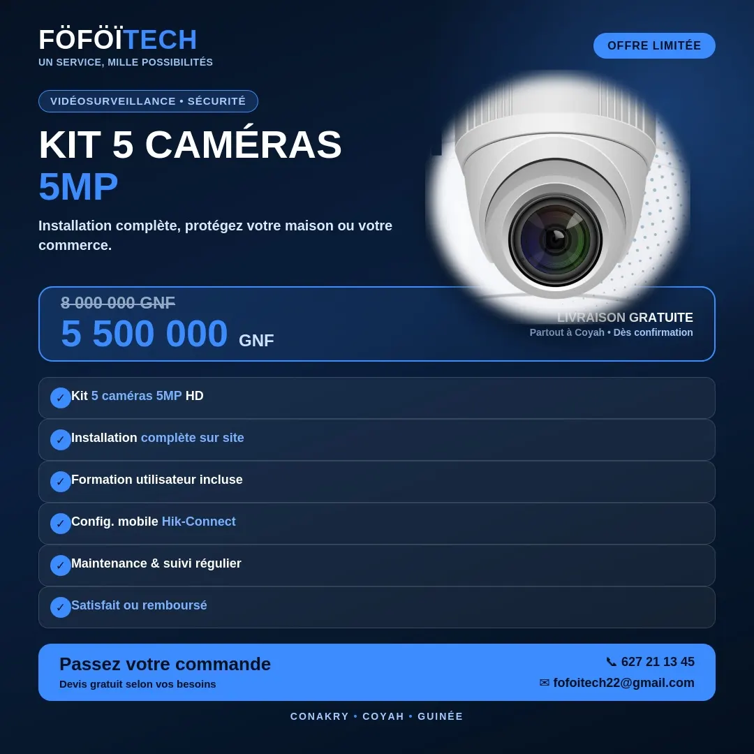 Kit de vidéosurveillance HIKVISION – 5 caméras 5MP avec installation complète